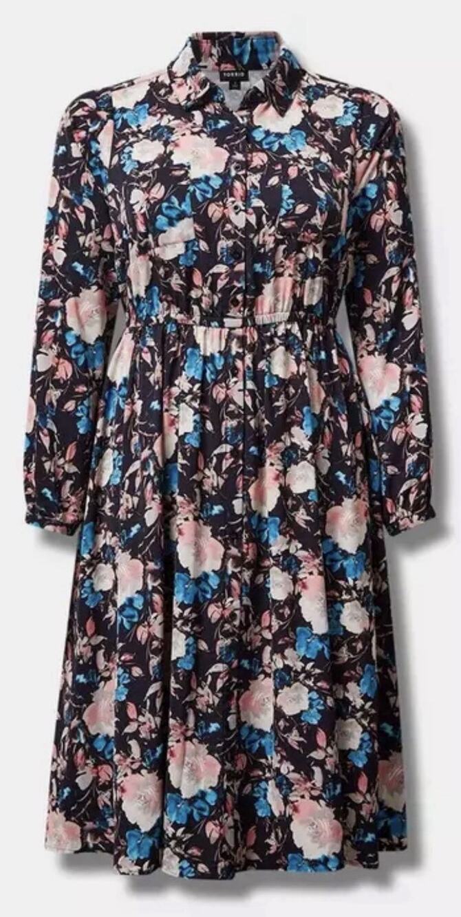 Torrid 3X Shirt Dress Navy Blue Floral Bloomcore Midi Long Sleeves Pockets NEW